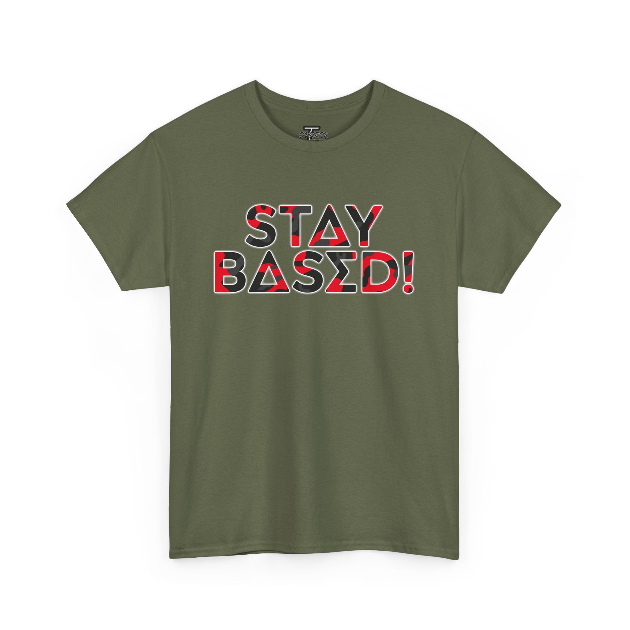 "Stay Based!" Bold Red/Black Camo Graphic Tee