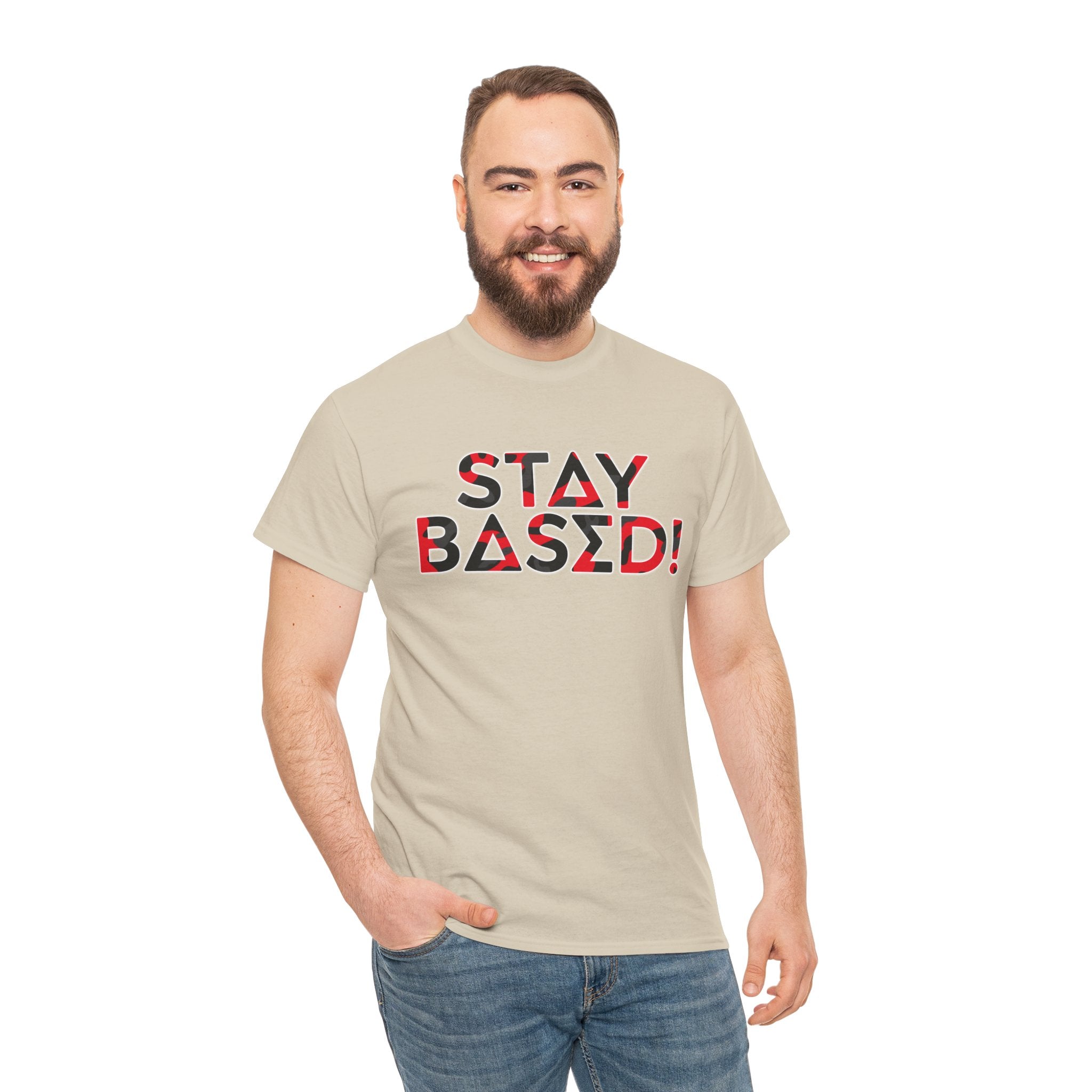 "Stay Based!" Bold Red/Black Camo Graphic Tee