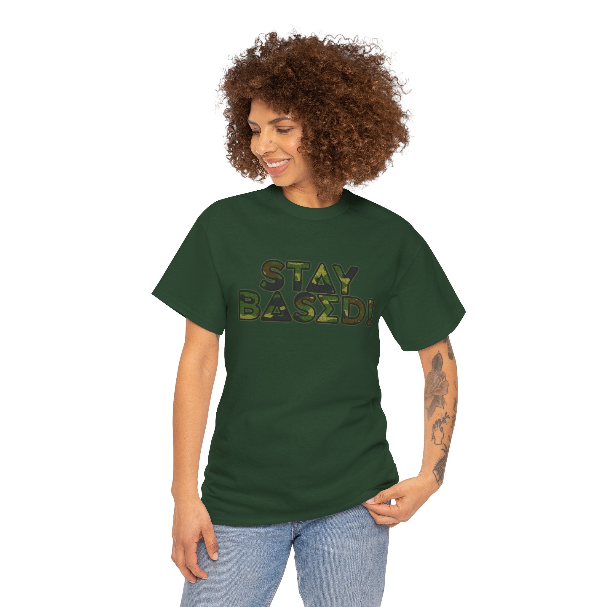 "Stay Based!" Green Camo Graphic Tee