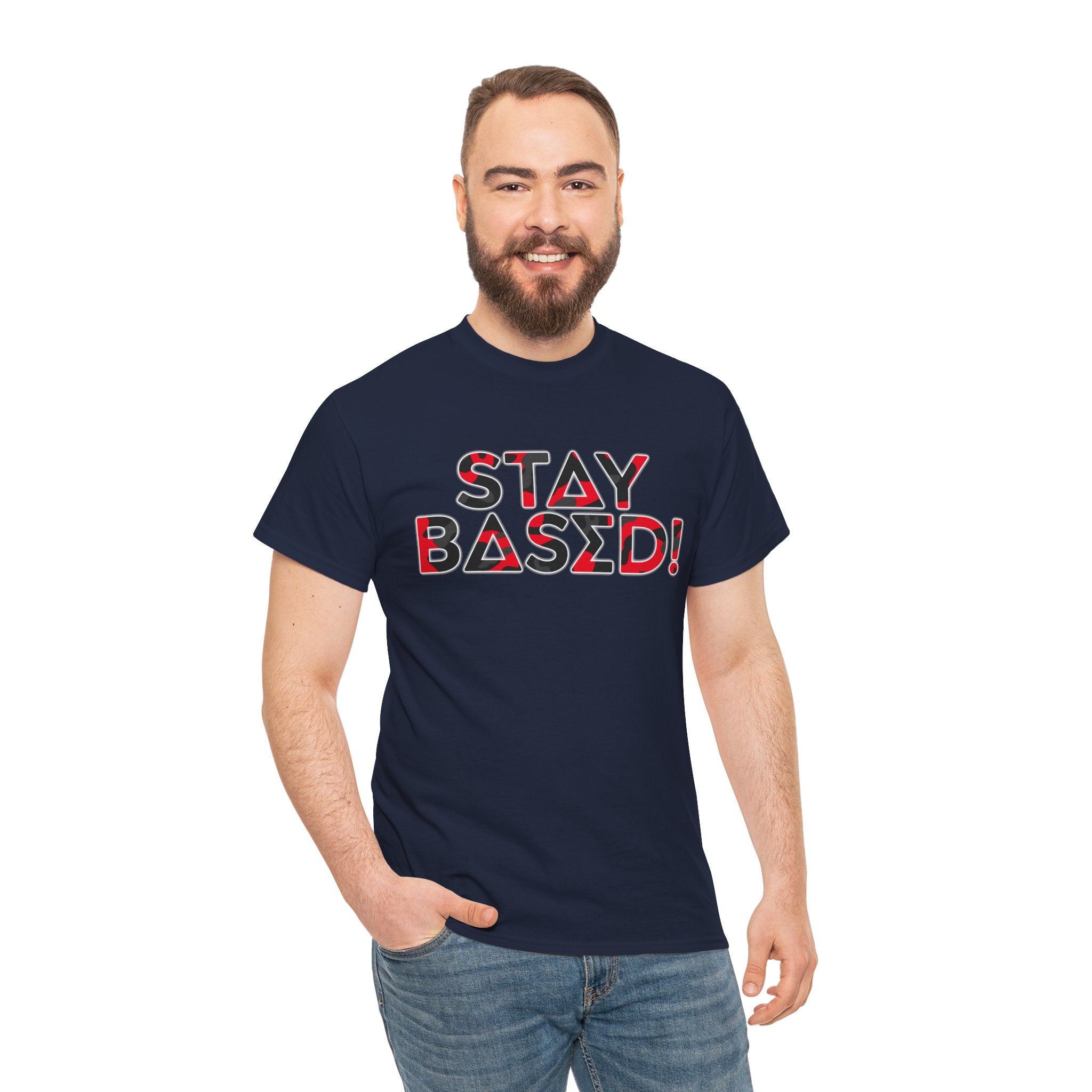 "Stay Based!" Bold Red/Black Camo Graphic Tee