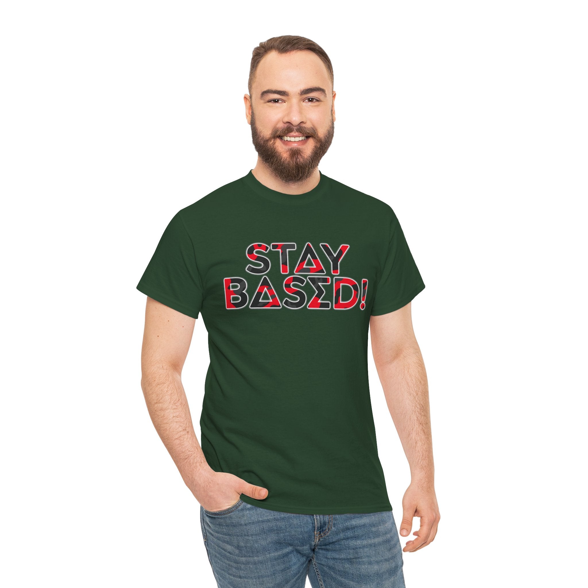 "Stay Based!" Bold Red/Black Camo Graphic Tee