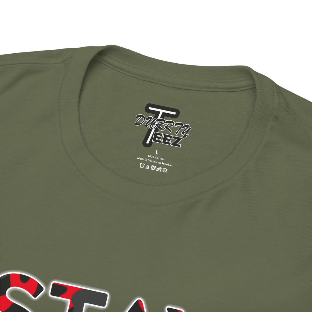 "Stay Based!" Bold Red/Black Camo Graphic Tee