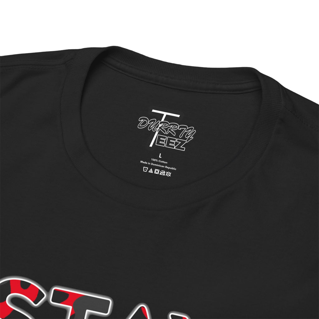 "Stay Based!" Bold Red/Black Camo Graphic Tee