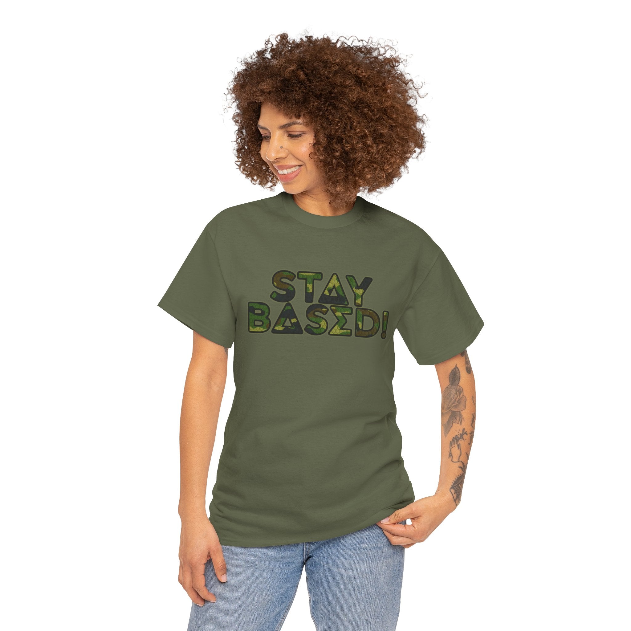 "Stay Based!" Green Camo Graphic Tee