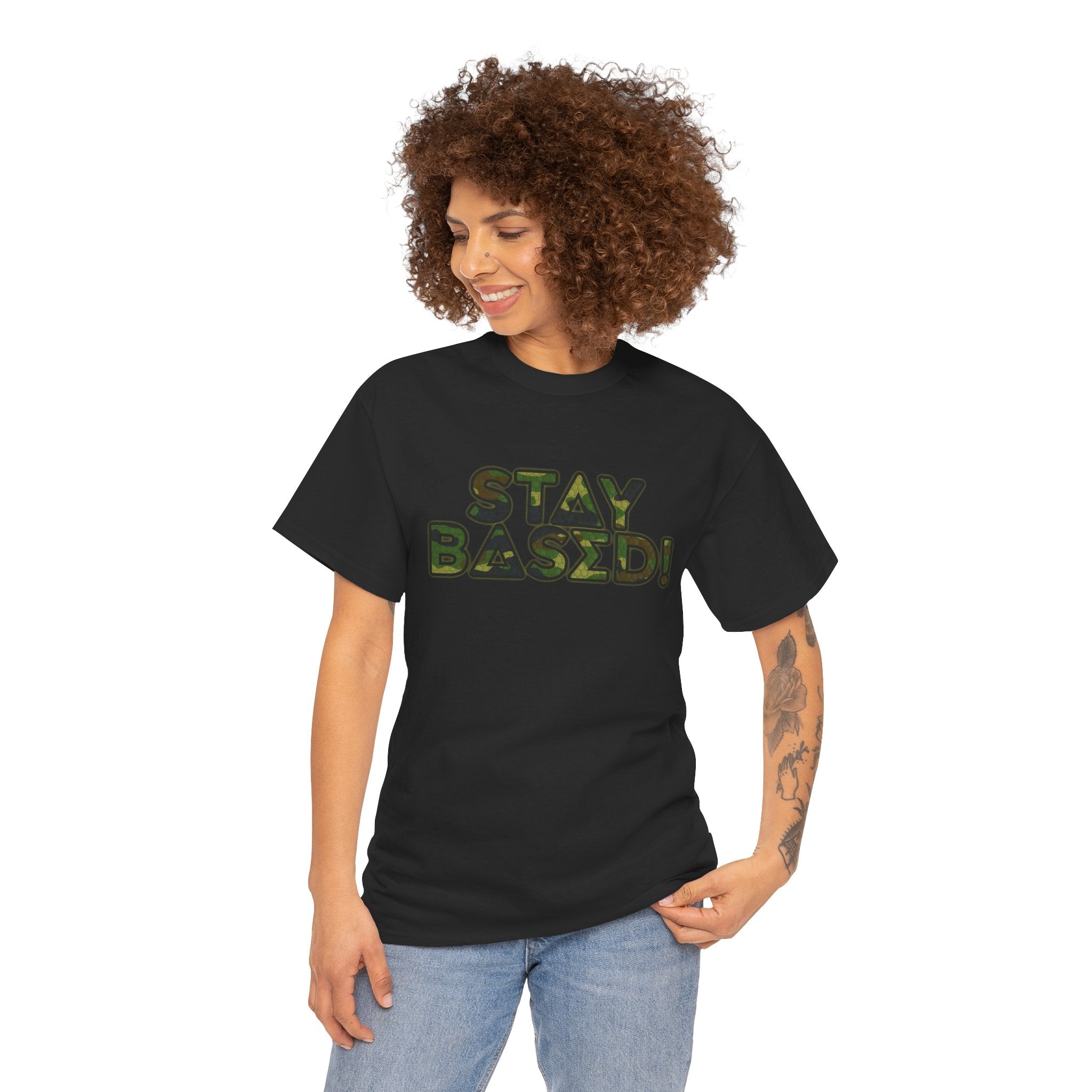 "Stay Based!" Green Camo Graphic Tee