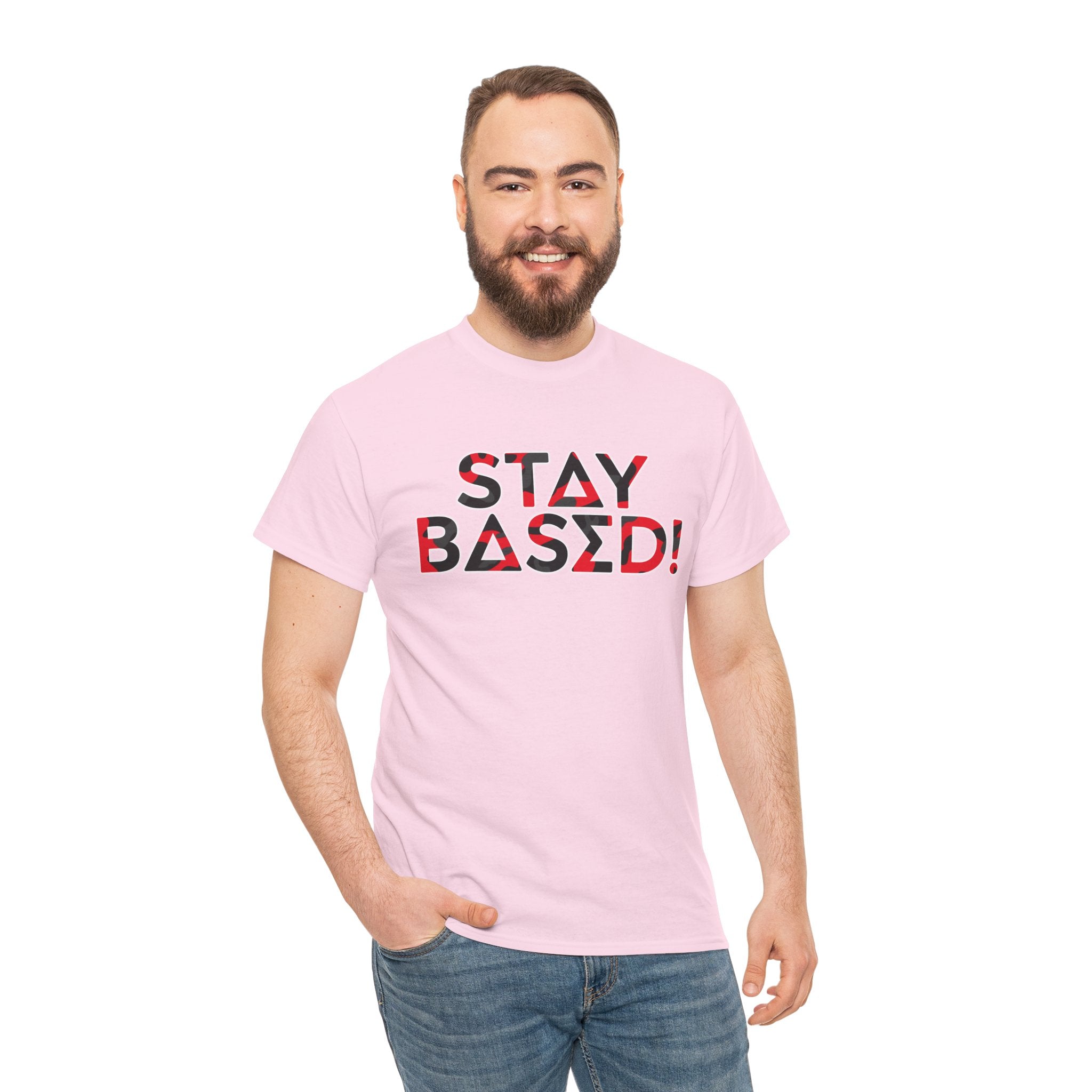 "Stay Based!" Bold Red/Black Camo Graphic Tee